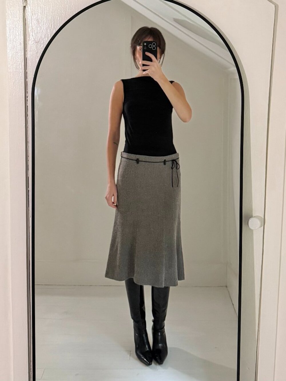 Powder Blu Vintage Y2K Herringbone Belted Midi Skirt Size 5 Grey